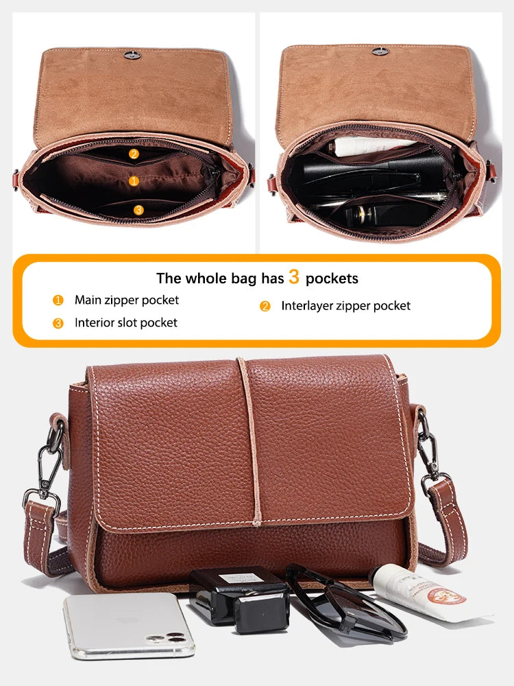 Classic Vintage Leather Crossbody Bag for Women Simple Small Square Bag for Daily