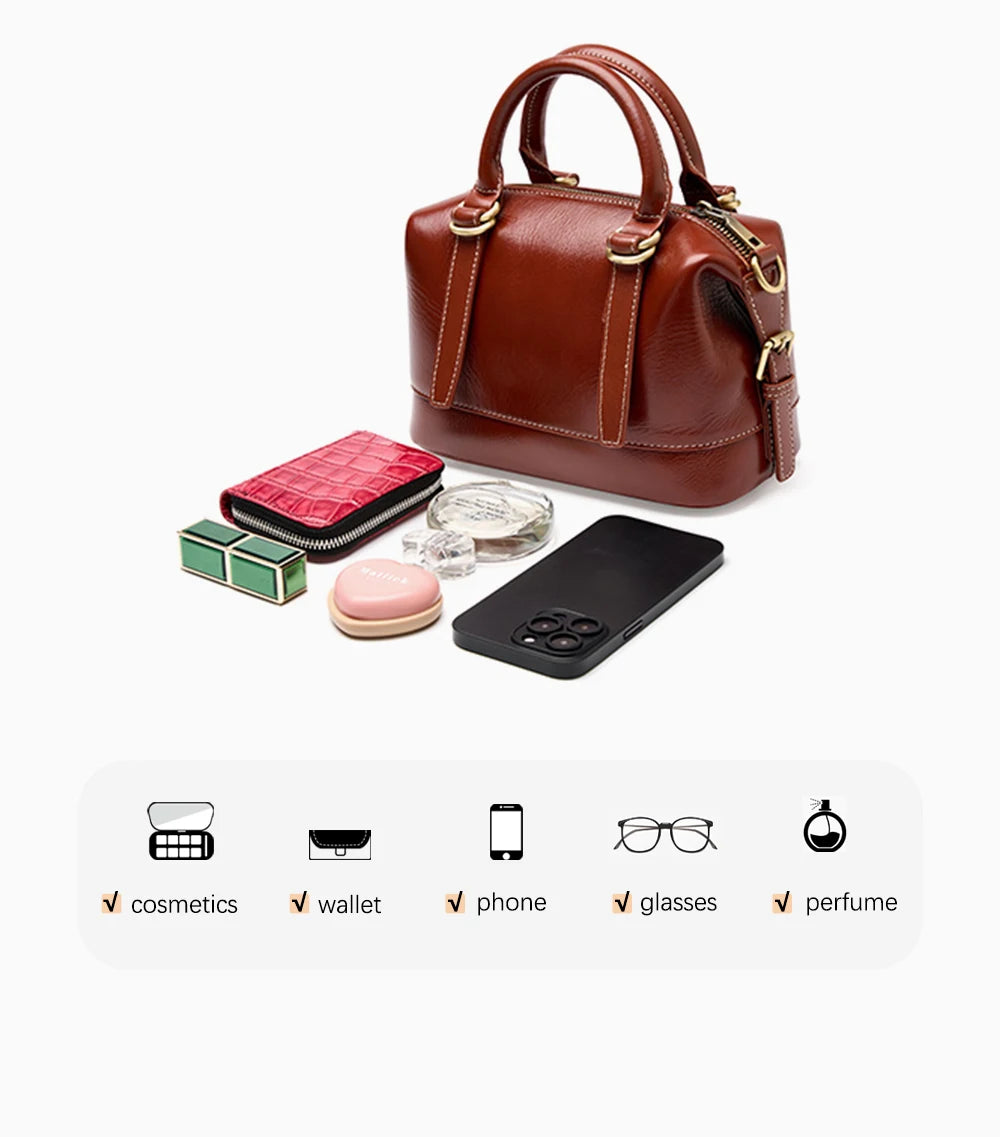 Women's Handbag Cowhide Leather Boston Pillow Bag New Crossbody Bag Retro Commuter