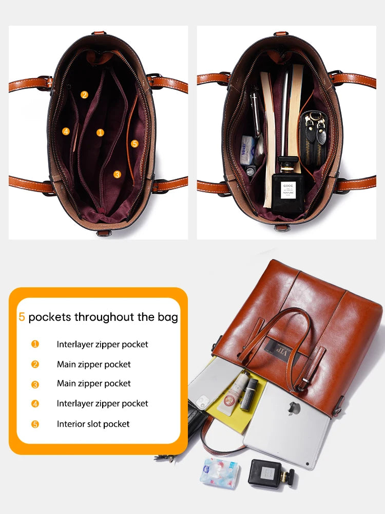 New Women's Genuine Leather Tote Lady Luxury Designer Cowhide Shoulder Bag Large