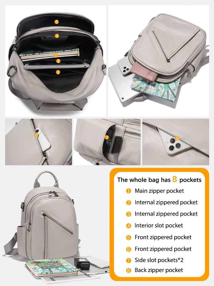 Women's Medium Genuine Leather Backpack with Roomy Zip Pockets for Commute