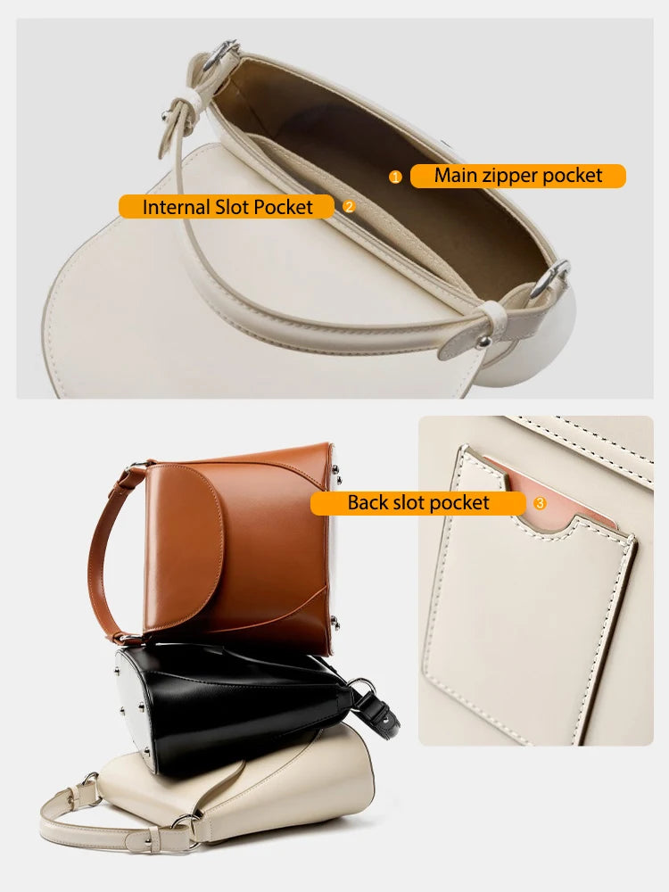 Elegant Beige Handbag Ladies Noble Genuine Leather Shoulder Cross body French Style