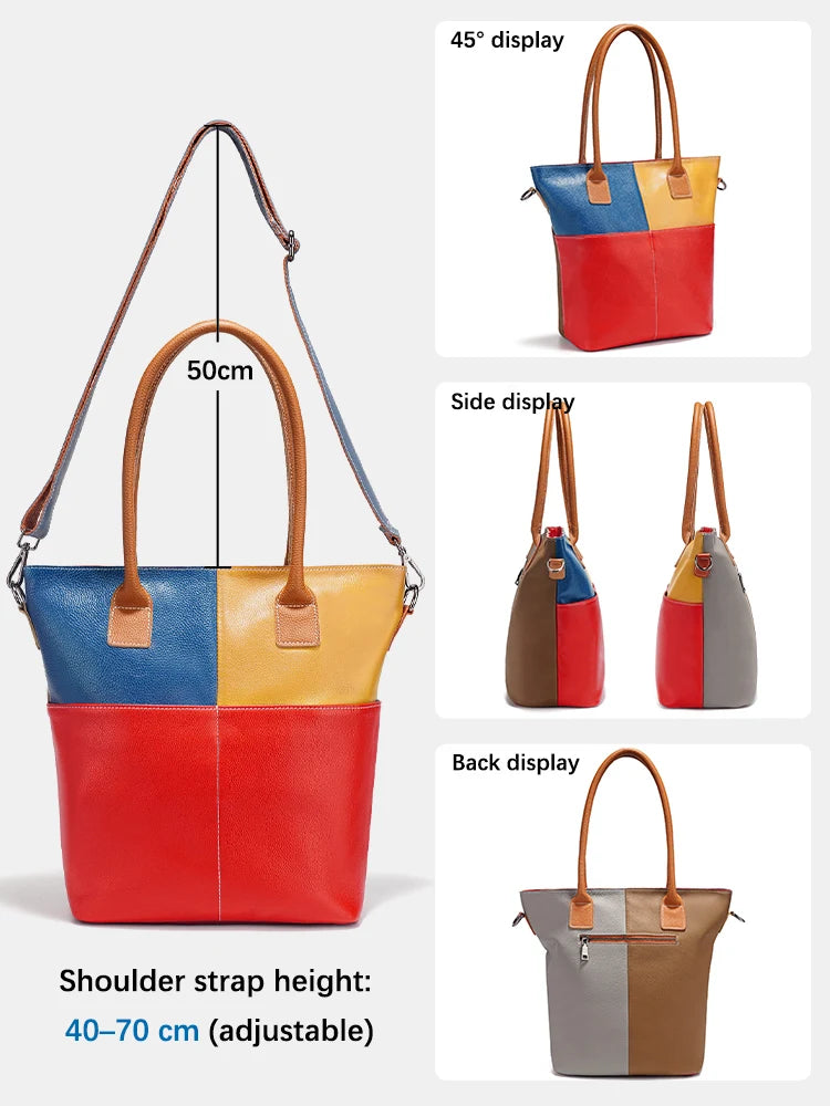 Fashion New Splicedcolor Women Handbag Genuine Leather Ladies Shoulder Big
