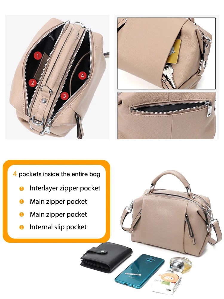 Women's Genuine Leather Bag Simple High Quality Tote Bag Small Vintage Boston Handbag