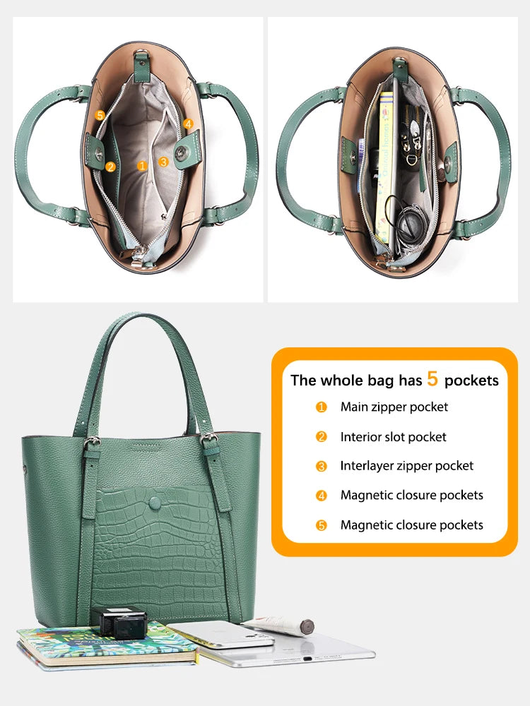 Soft Genuine Leather Women's Tote Bag Handbag Elegant Large Capacity Shopper Bag