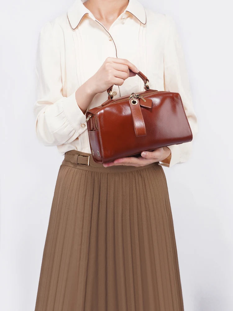 Leather Vintage Handbag Women Shoulder Bag Satchel Black Wave Pattern Wide