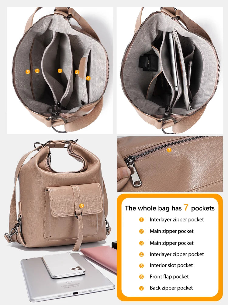 Stylish Women Shoulder Bag 100% Genuine Leather Large Capacity Handbag Multifunction