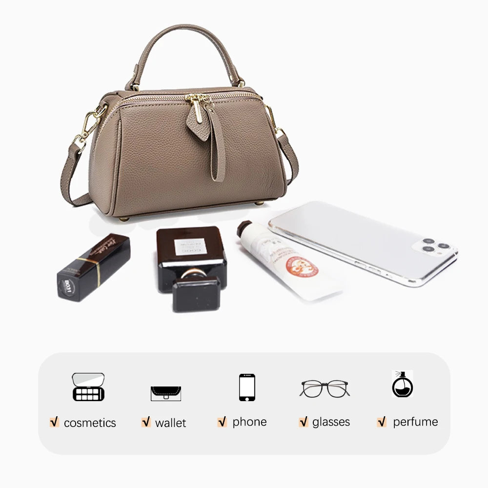 Women's Genuine Leather Boston Bag Brand Designer Retro Shoulder Bag Large Capacity New Trendy