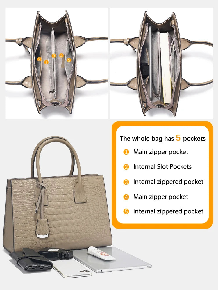 Large Tote Handbag for Women Genuine Leather Cowhide Shoulder Bag with Top Handle Trendy Fashion