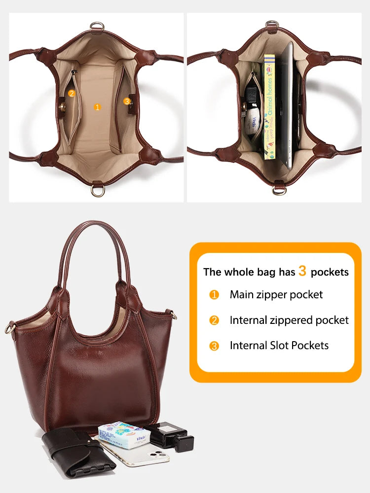 Oil Wax Leather Top Handle Bags for Women Trendy Shoulder Purse Versatile