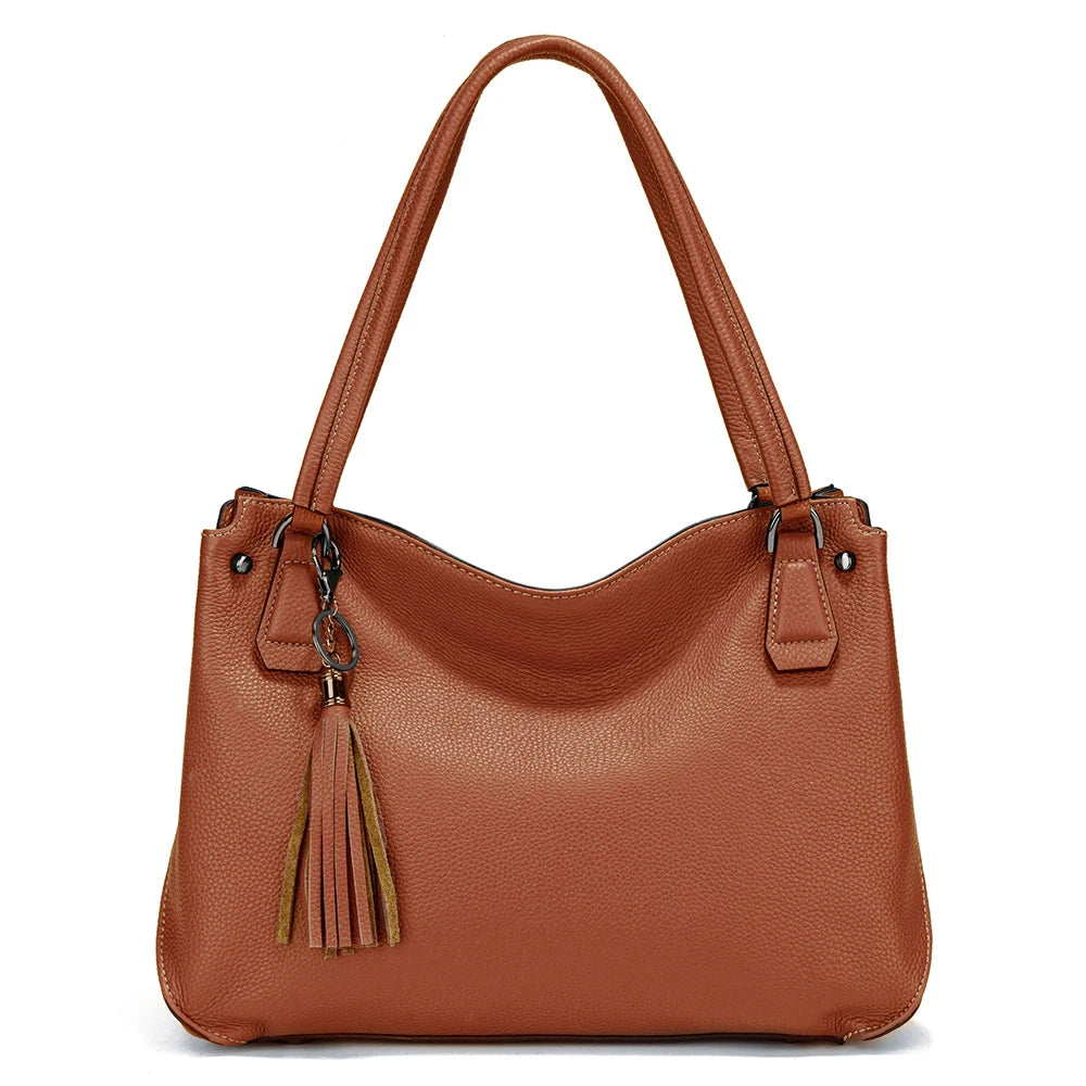 Genuine Leather Women's Tassel Shoulder Bag Large Capacity Female Handbag Shopper Natural Leather