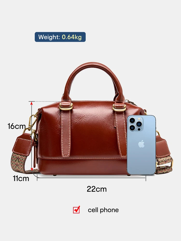 Women's Handbag Cowhide Leather Boston Pillow Bag New Crossbody Bag Retro Commuter