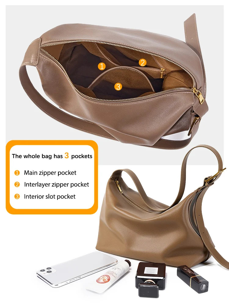 Women Large Black Messenger Bag Two Layer Leather Crossbody Designer Underarm Tote Handbag for Commuter