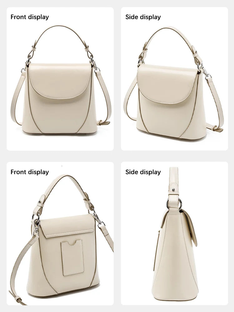 Elegant Beige Handbag Ladies Noble Genuine Leather Shoulder Cross body French Style