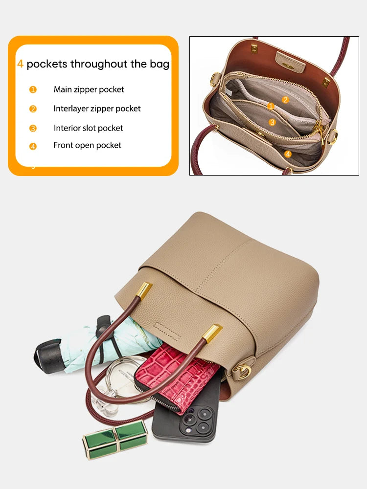 Genuine Leather Top Quality Bucket Bag for Women Versatile Handbag Leather Tote Bag High Sense