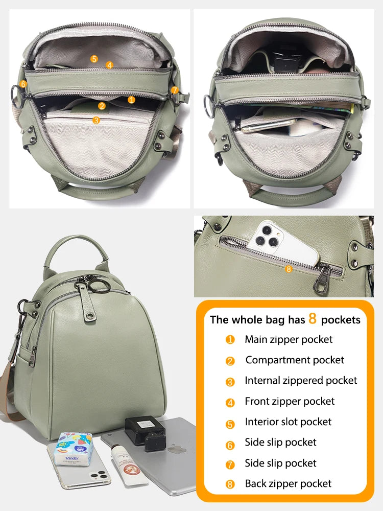 Women's Soft Genuine Leather Travel Backpack Large Capacity Convertible Rucksack