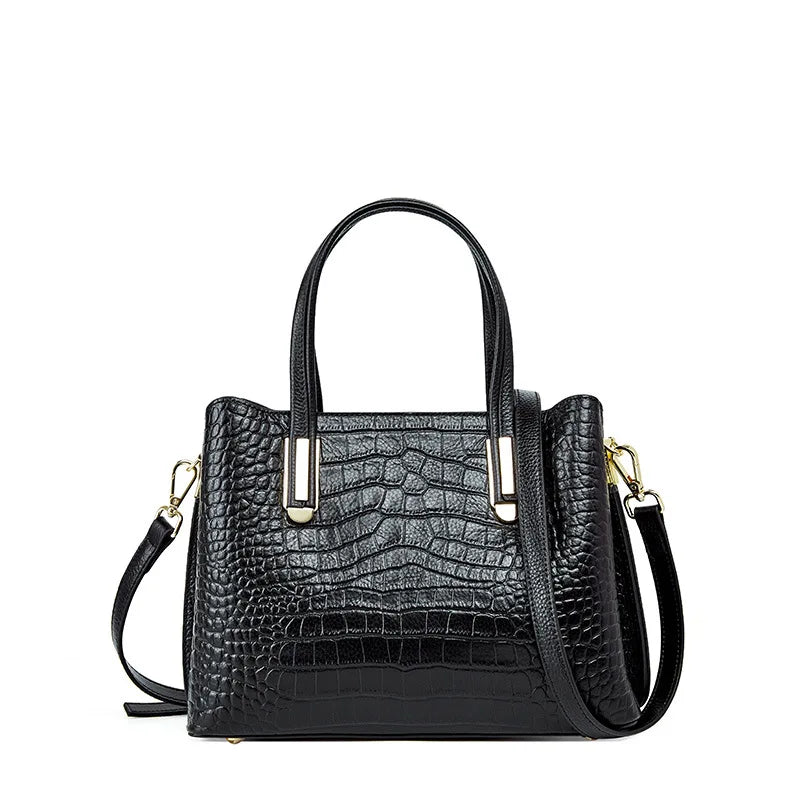 Crocodile Patterned Top-grain Leather Handbag Elegant Top Handle Women Versatile