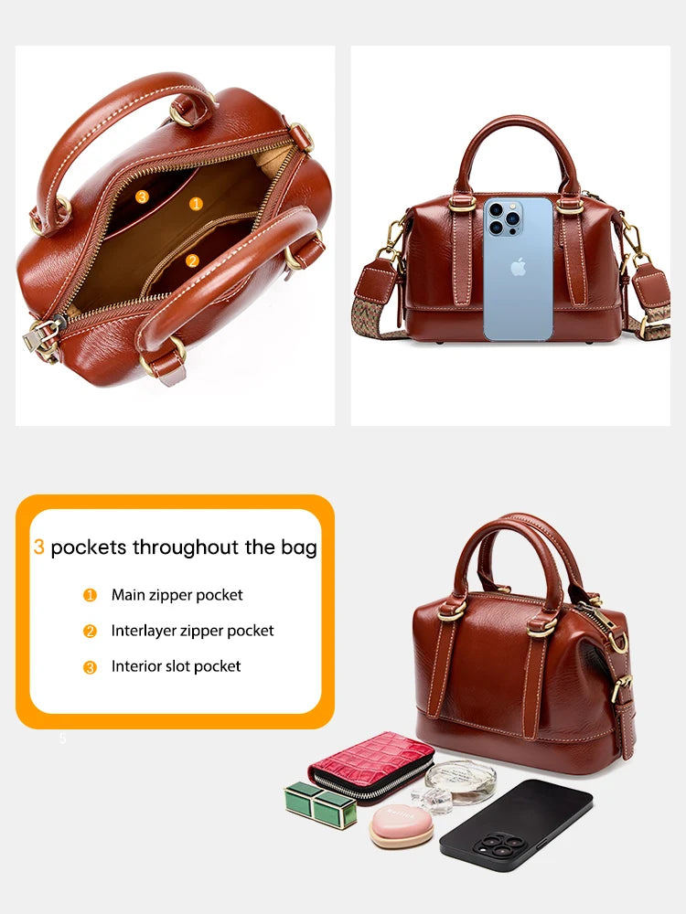 Women's Handbag Cowhide Leather Boston Pillow Bag New Crossbody Bag Retro Commuter