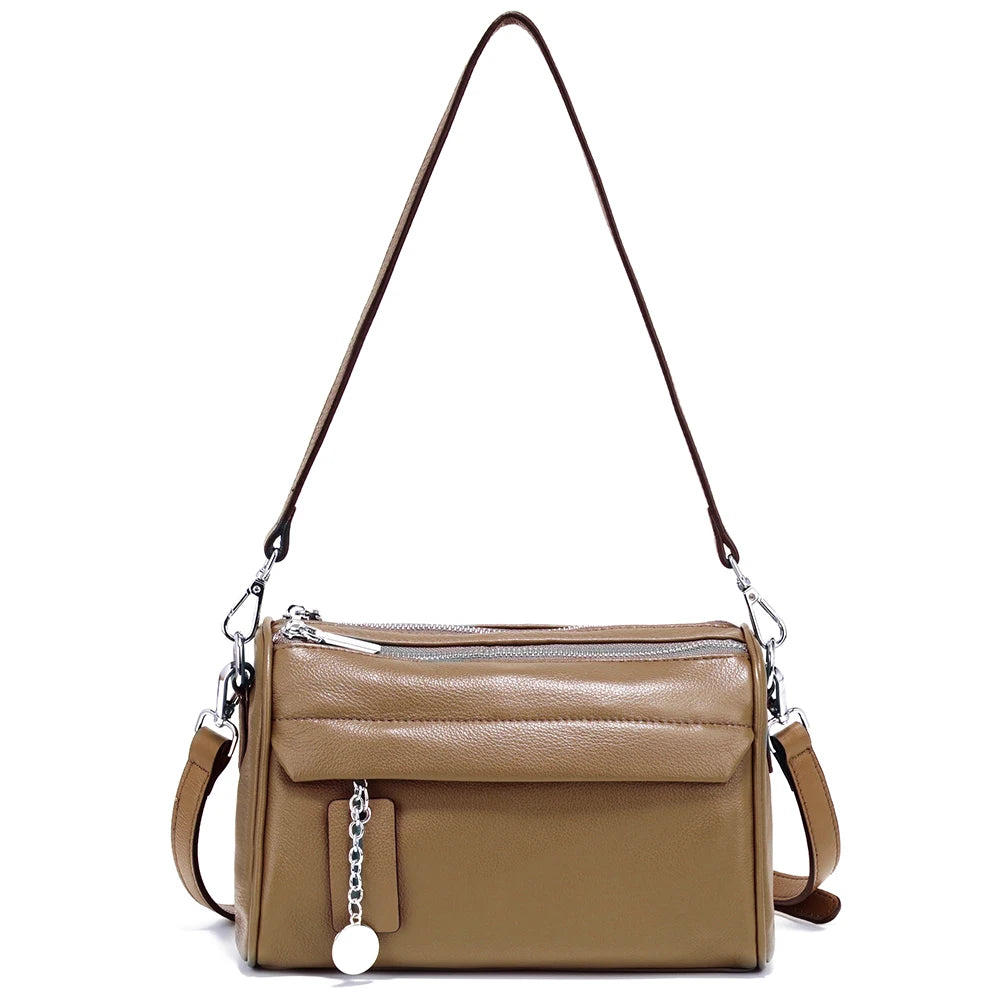 Soft Leather Casual Shoulder Bag For Female Double Zippered Pockets Small