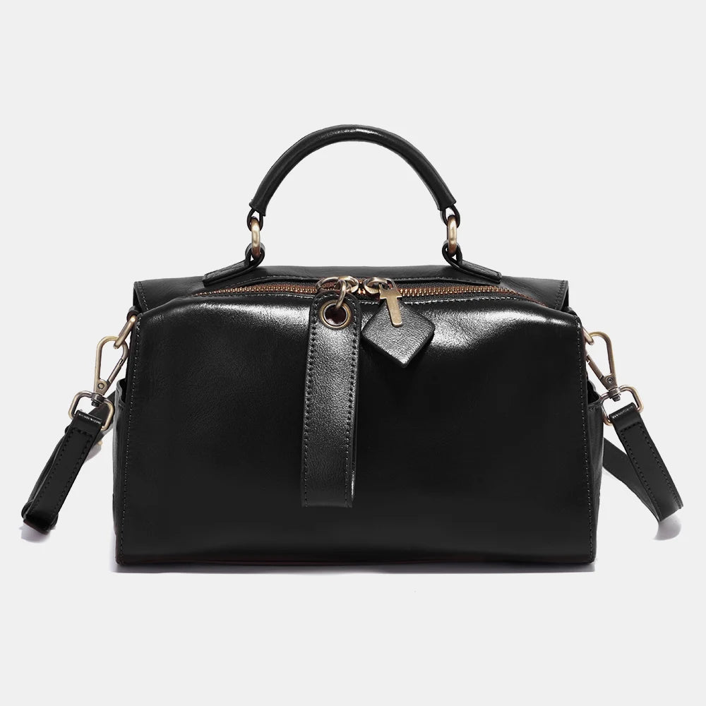 Leather Vintage Handbag Women Shoulder Bag Satchel Black Wave Pattern Wide