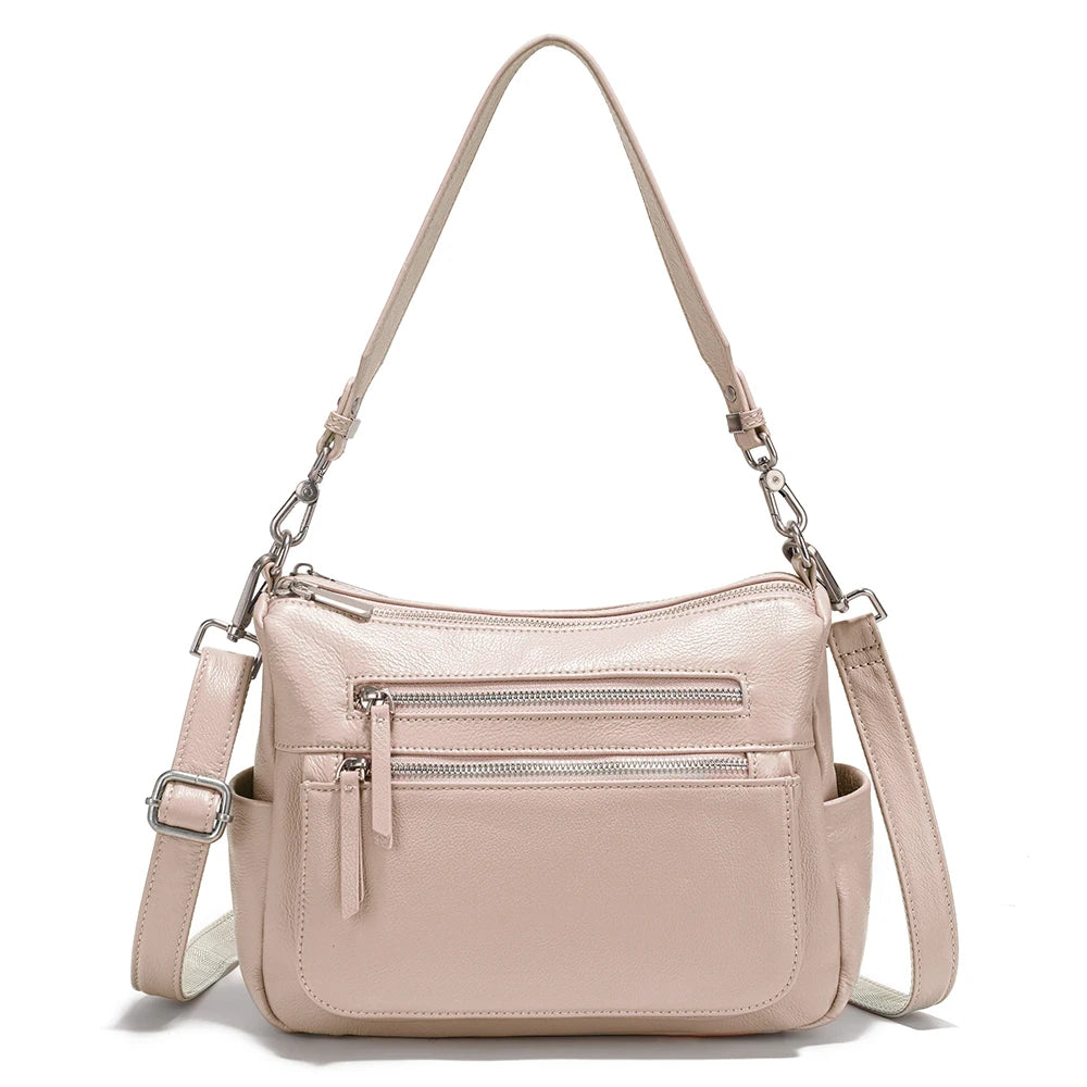 Cowhide Leather Handbag Women Shoulder Bag  Multi-functional Pockets Crossbody Bags