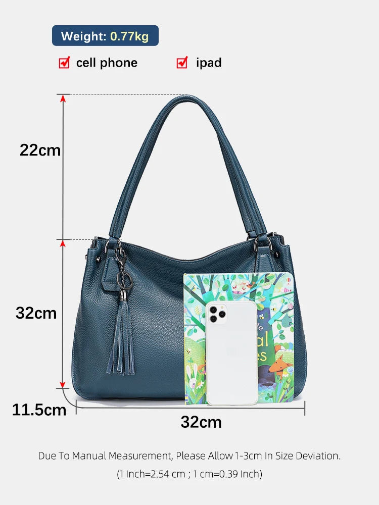 Genuine Leather Women's Tassel Shoulder Bag Large Capacity Female Handbag Shopper Natural Leather