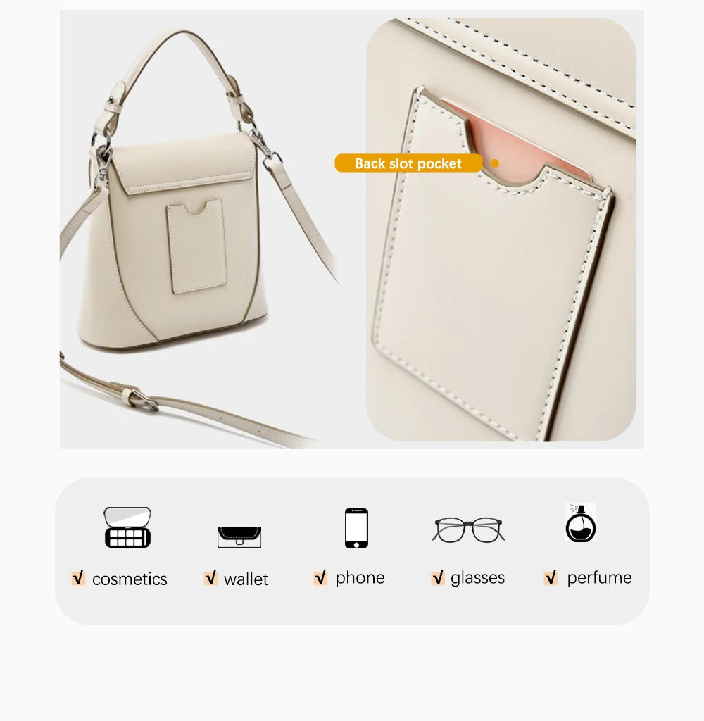 Elegant Beige Handbag Ladies Noble Genuine Leather Shoulder Cross body French Style