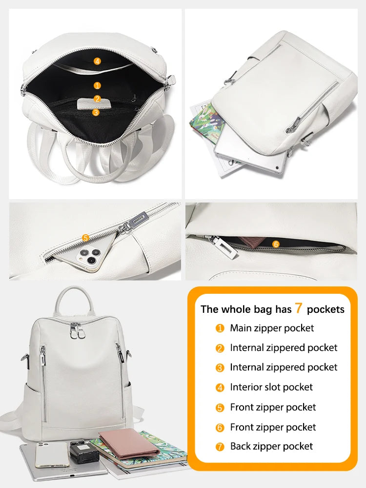Fashion Genuine Leather Backpack Knapsack Multi-pocket Day pack