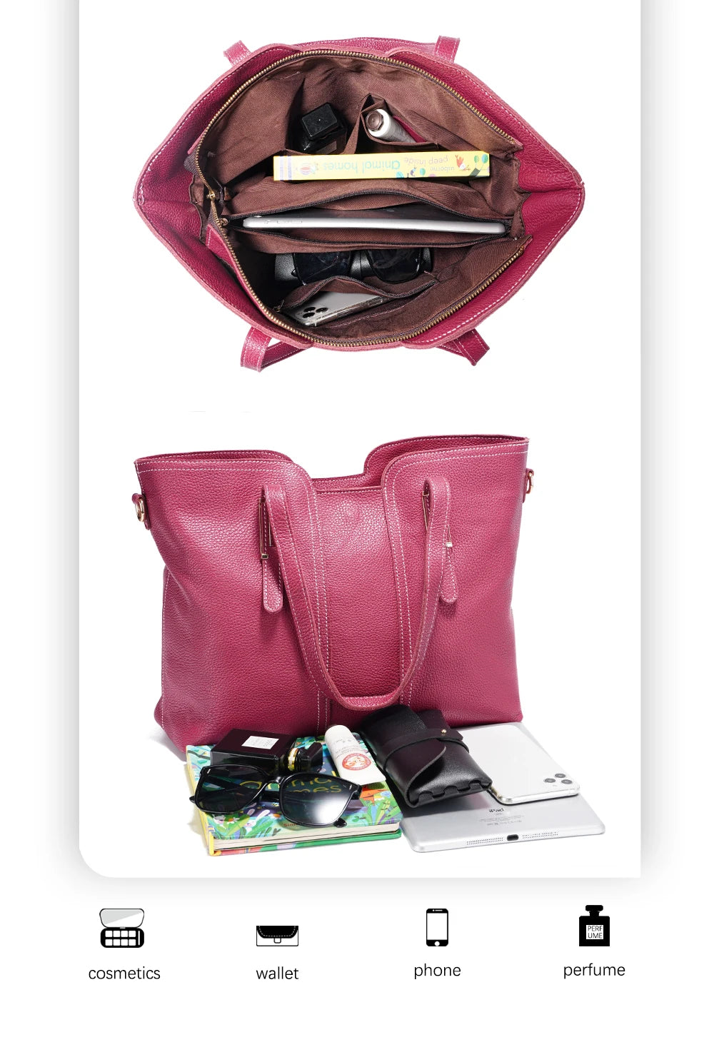 Large Capacity Shoulder Bag for Women 100% Genuine Leather Retro Handbag Tote Purse