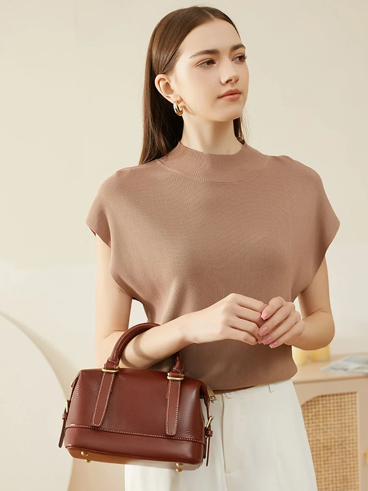 Women's Handbag Cowhide Leather Boston Pillow Bag New Crossbody Bag Retro Commuter
