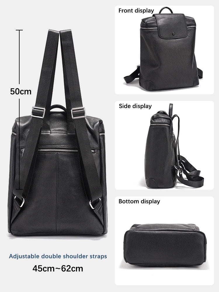Genuine Leather Black Backpack Multi-pocket Design Knapsack Flap Bag