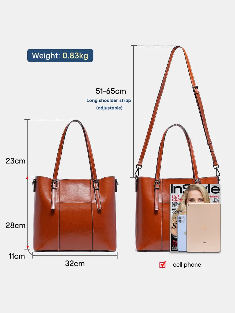 New Women's Genuine Leather Tote Lady Luxury Designer Cowhide Shoulder Bag Large