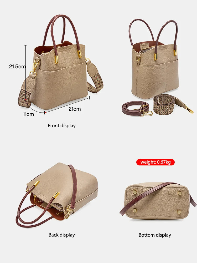Genuine Leather Top Quality Bucket Bag for Women Versatile Handbag Leather Tote Bag High Sense