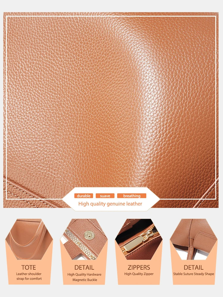 Genuine Leather Women's Tote Handbag Large Shoulder Bag Functional Shopping Bag