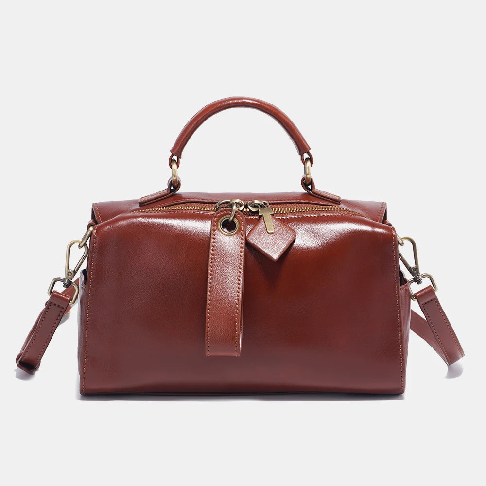 Leather Vintage Handbag Women Shoulder Bag Satchel Black Wave Pattern Wide