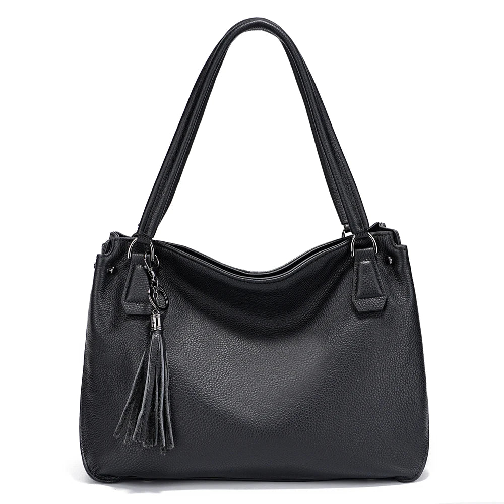 Genuine Leather Women's Tassel Shoulder Bag Large Capacity Female Handbag Shopper Natural Leather
