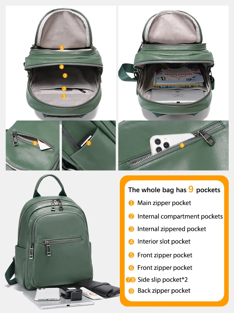 Genuine Leather Backpack For Women Large Capacity Travel Rucksack Knapsack