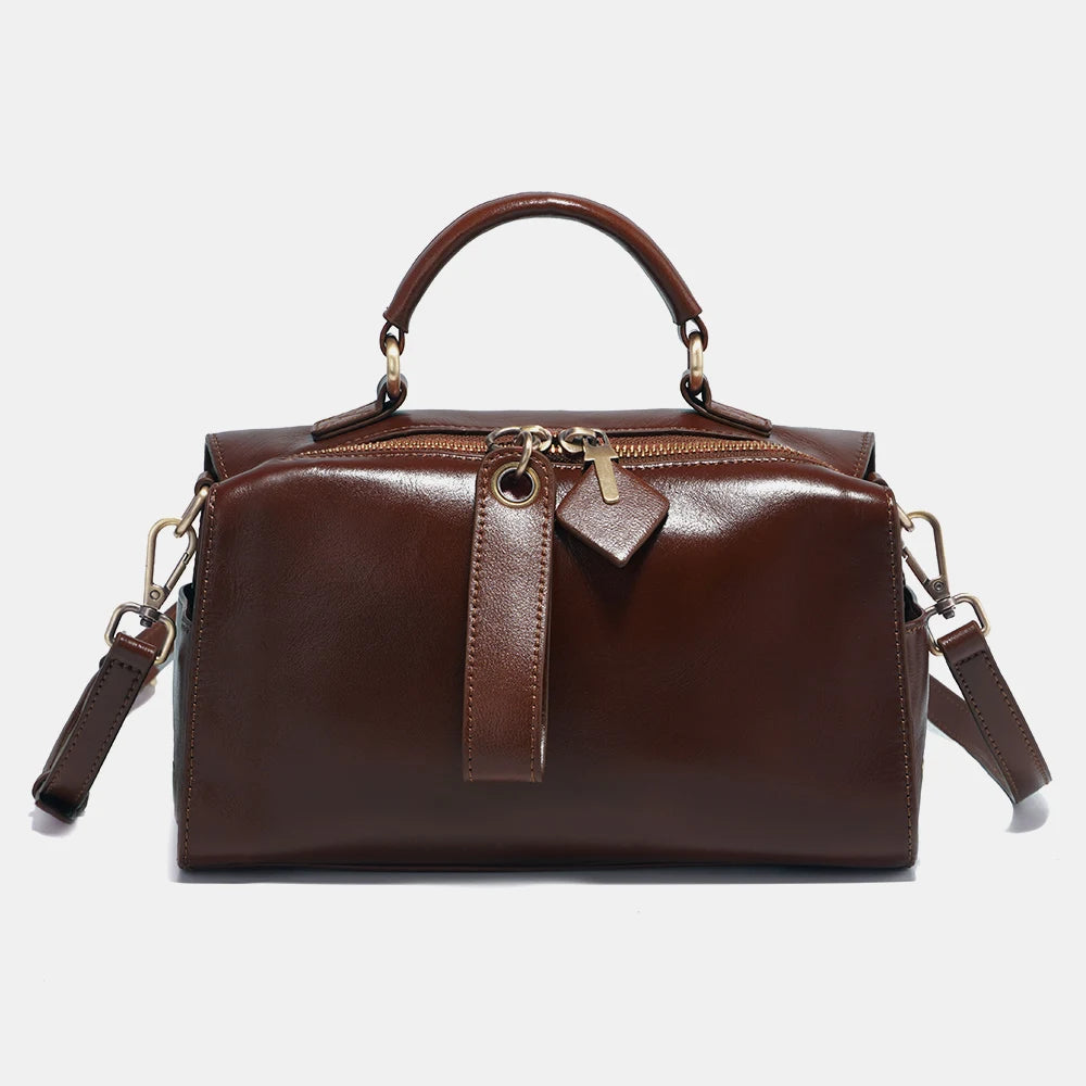 Leather Vintage Handbag Women Shoulder Bag Satchel Black Wave Pattern Wide