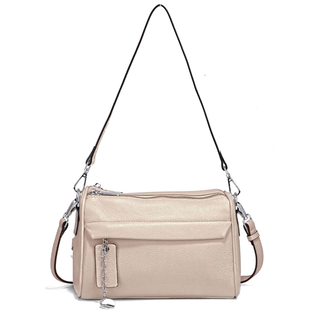 Soft Leather Casual Shoulder Bag For Female Double Zippered Pockets Small