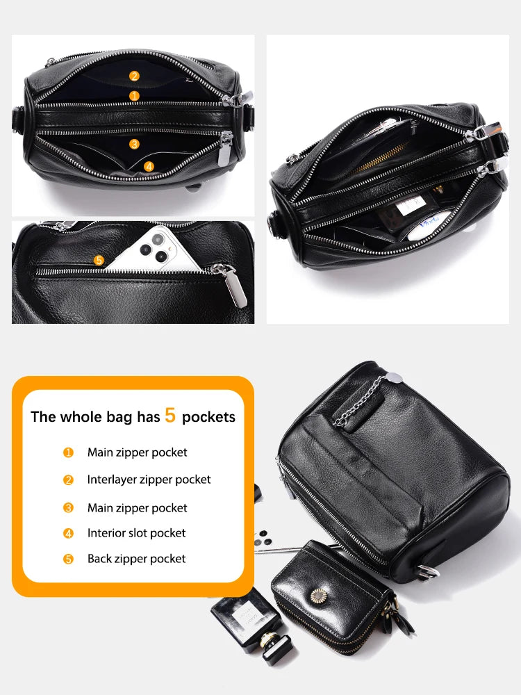 Soft Leather Casual Shoulder Bag For Female Double Zippered Pockets Small