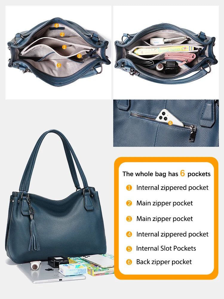Genuine Leather Women's Tassel Shoulder Bag Large Capacity Female Handbag Shopper Natural Leather