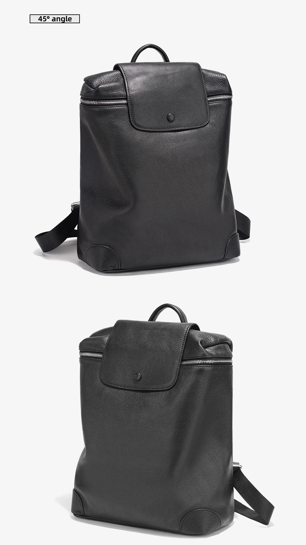 Genuine Leather Black Backpack Multi-pocket Design Knapsack Flap Bag