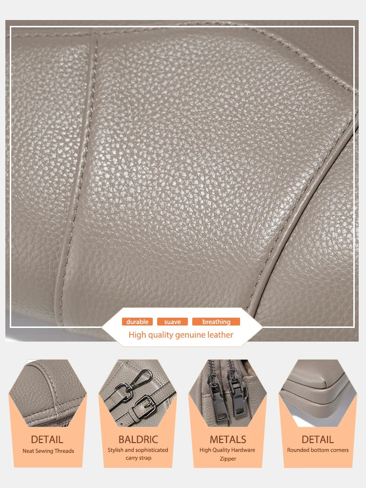Genuine Cowhide Leather Crossbody for Women Simple Multi-compartment Shoulder Handbag