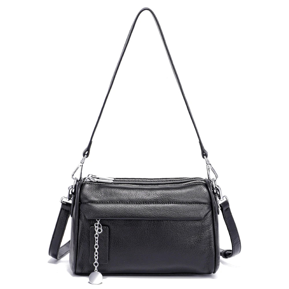 Soft Leather Casual Shoulder Bag For Female Double Zippered Pockets Small