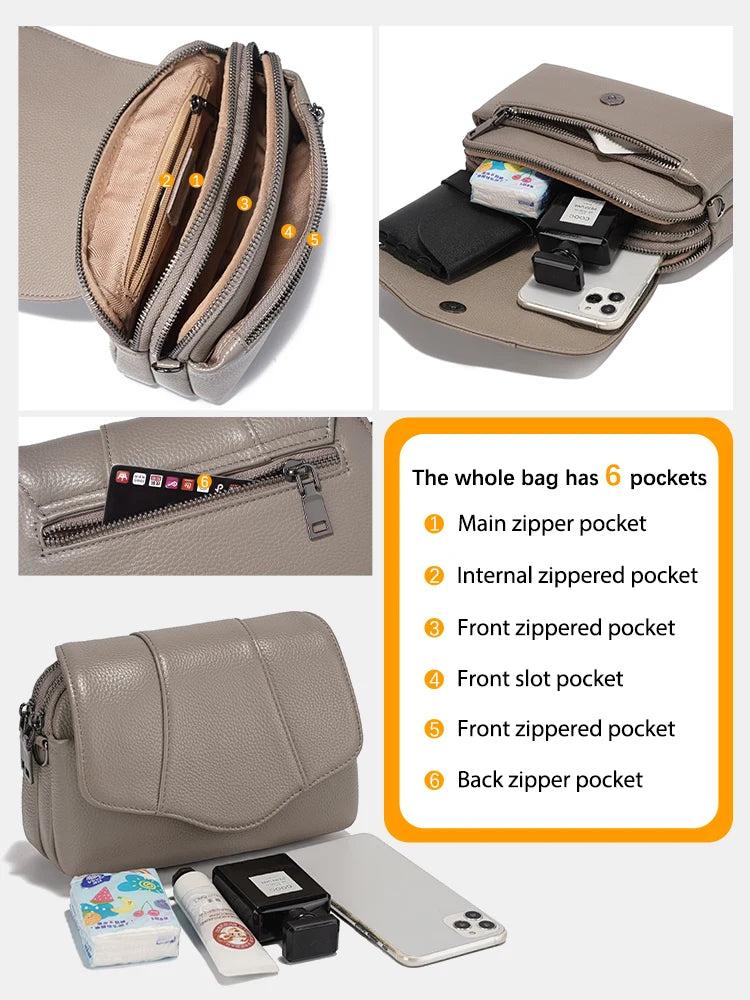 Genuine Cowhide Leather Crossbody for Women Simple Multi-compartment Shoulder Handbag