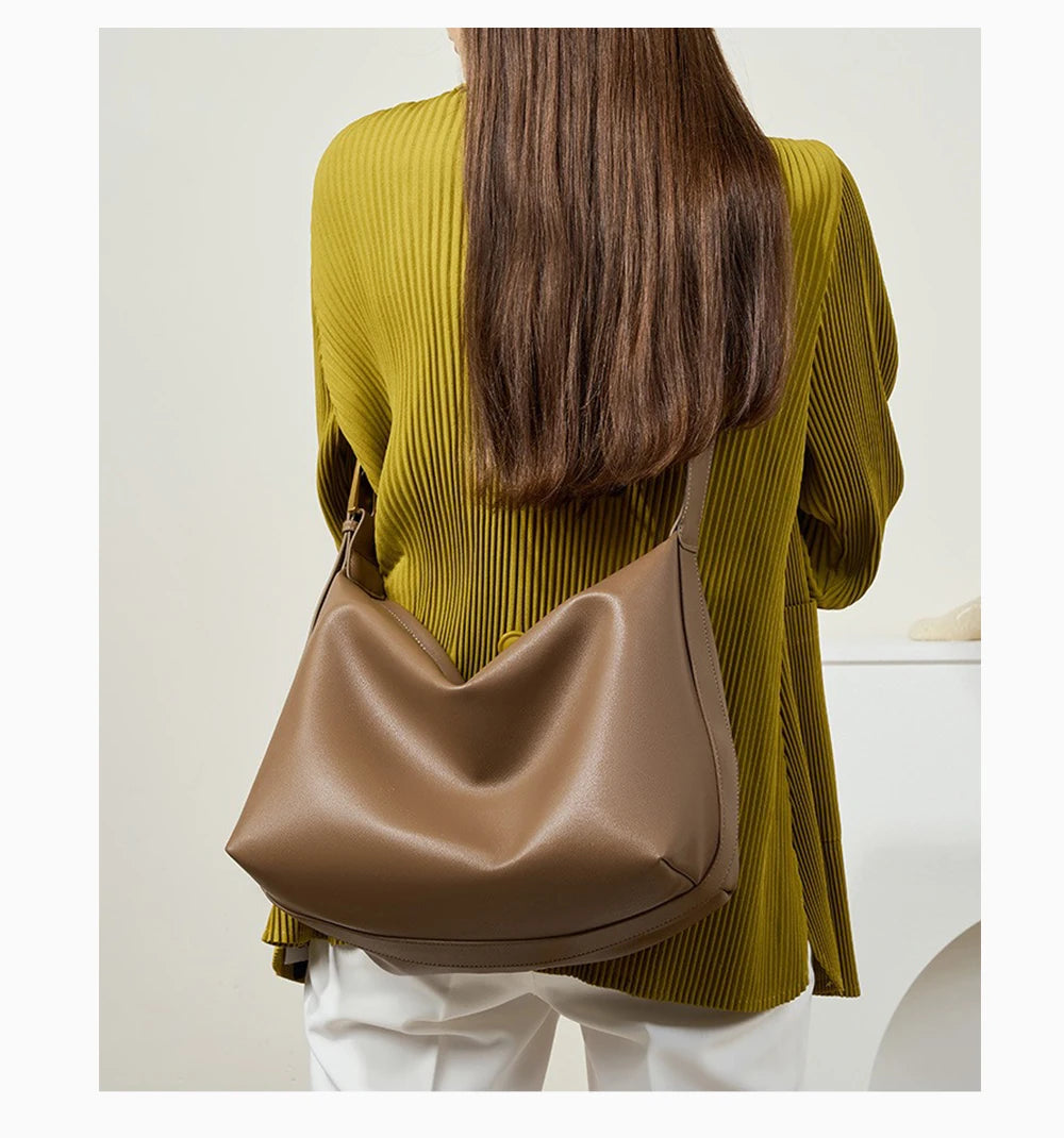 Women Large Black Messenger Bag Two Layer Leather Crossbody Designer Underarm Tote Handbag for Commuter