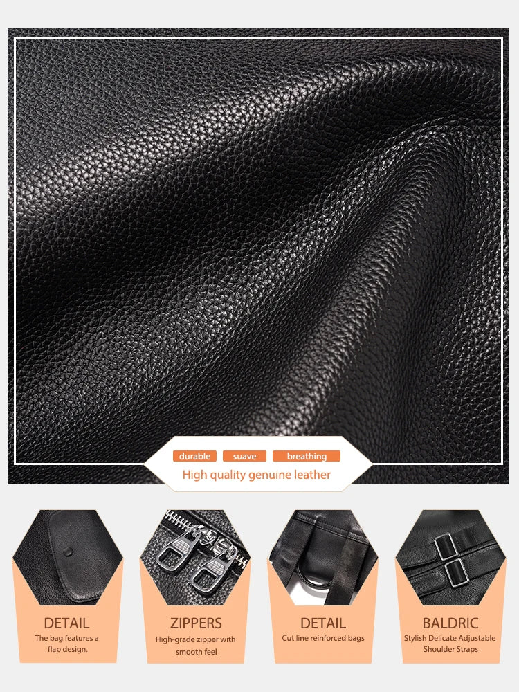 Genuine Leather Black Backpack Multi-pocket Design Knapsack Flap Bag