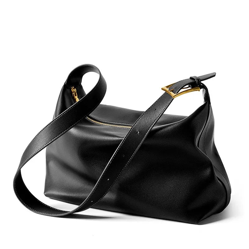 Women Large Black Messenger Bag Two Layer Leather Crossbody Designer Underarm Tote Handbag for Commuter