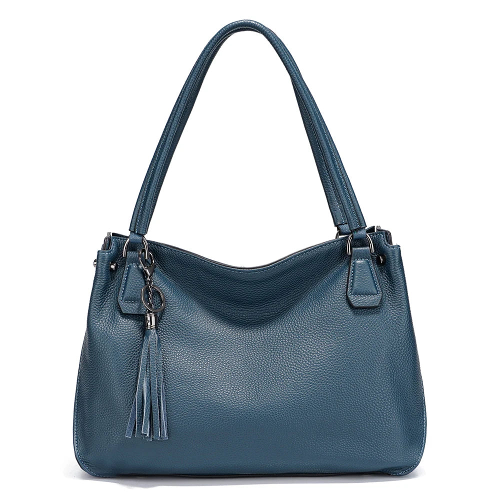 Genuine Leather Women's Tassel Shoulder Bag Large Capacity Female Handbag Shopper Natural Leather