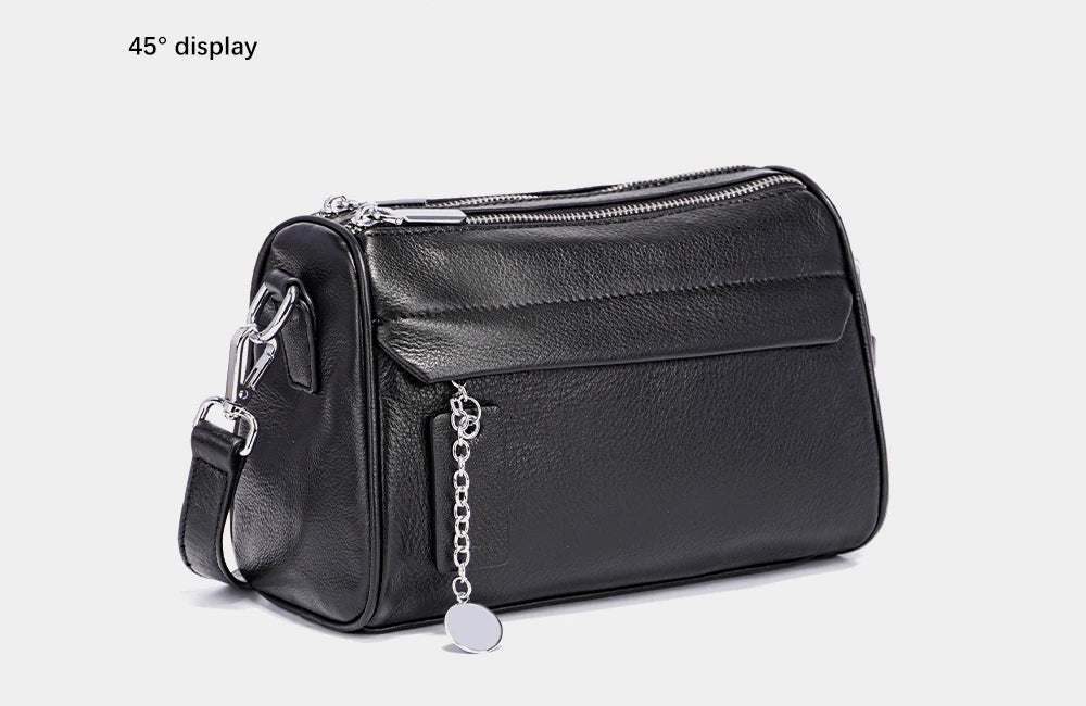 Soft Leather Casual Shoulder Bag For Female Double Zippered Pockets Small