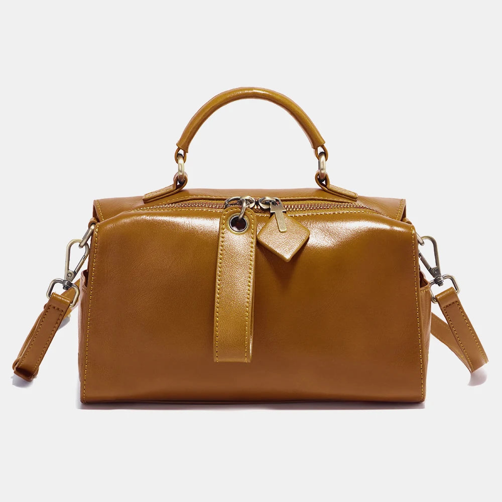 Leather Vintage Handbag Women Shoulder Bag Satchel Black Wave Pattern Wide
